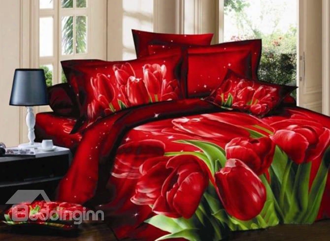 Graceful Romantic 3d Red Tulips Pattern 2-piece Pillowcases