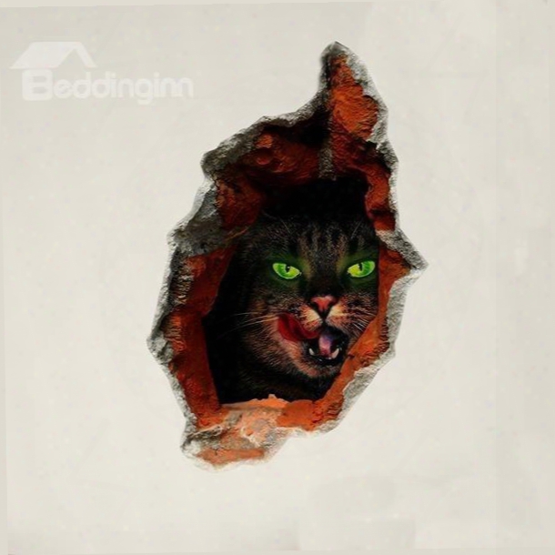 Halloween Evil-looking Cat With Green Eyes In A Wall Hole 3d Wall Sticker