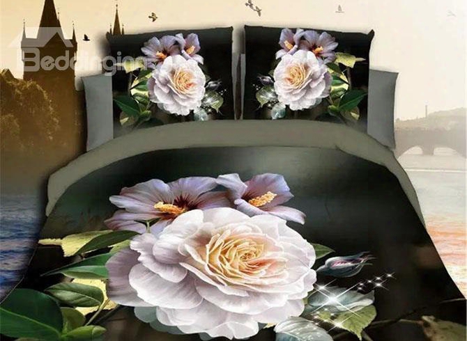 High-grade Glamorous White Peony 4-piece 3d Polyester Duvet Cover Sets