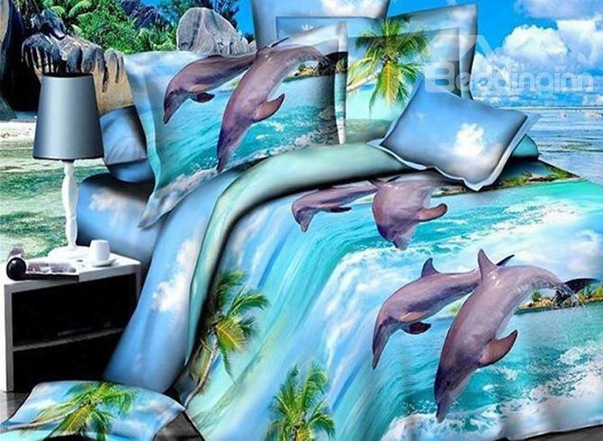 Jumping Dolphins Beach Scenery Print 4-piece Polyester Duvet Cover Sets