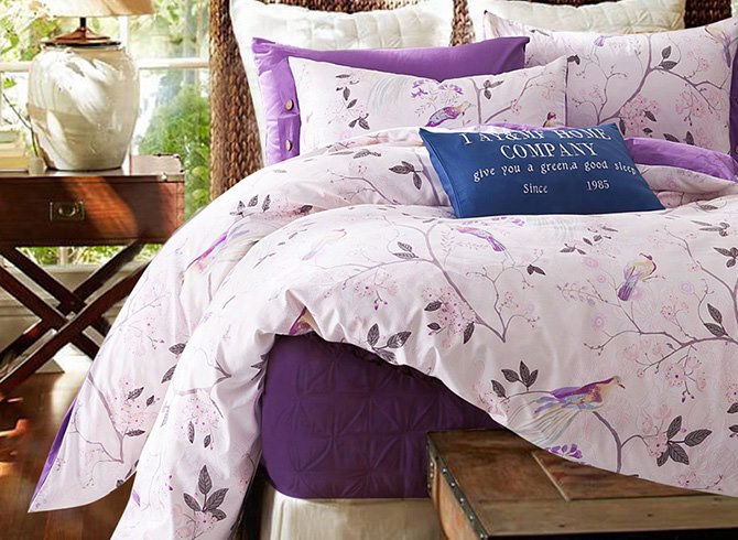 Light Purple Leaves And Branch Print Cotton 4-piece Bedding Sets/duvet Cover