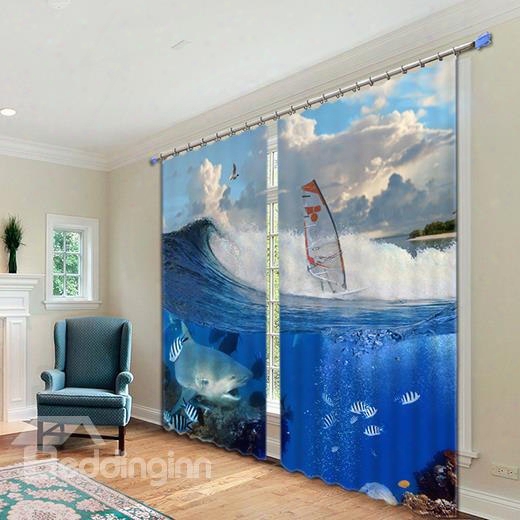 Light Shading Blue Sea Digital Printing 3d Curtain