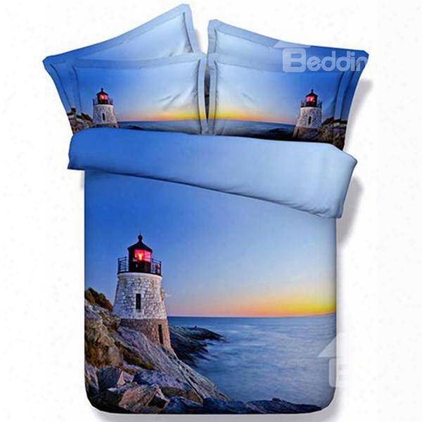 Lighthouse Sea Scenery Print Blue Two Pieces Pillow Case