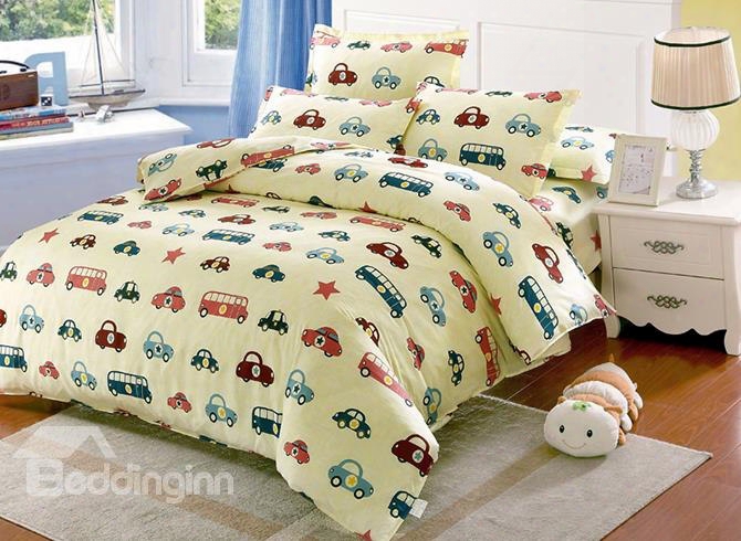 Lovely Cars In Line Pattern Kids Cotton 4-piece Duvet Cover Sets