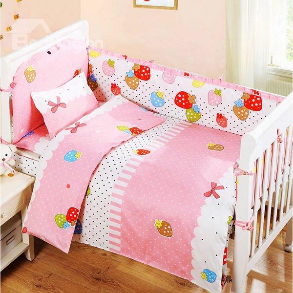 Lovely Colorful Strawberry And Bowknot Pattern Crib Bedding Set
