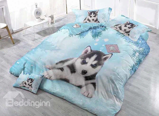 Lovely Husky Print Satin Drill Blue 4-piece Duvet Cover Sets