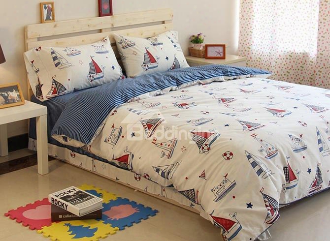 Lovely Sailing Ships Pattern Cotton 3-piece Kids Duvet Cover Sets