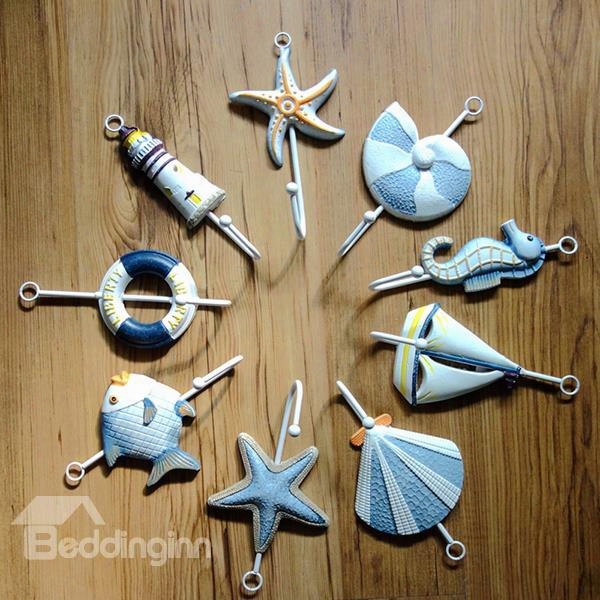 Mediterranean Style Seashells And Sea Fish Design 9-hook Wall Hooks