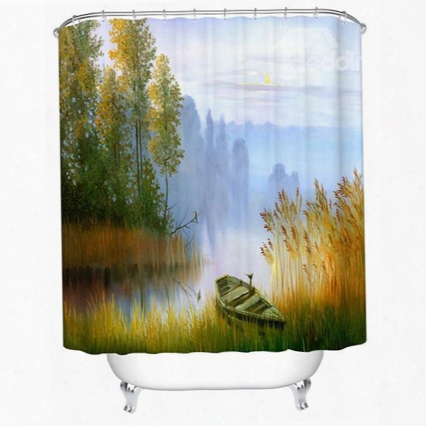 Peaceful Cozy Lakeside View Lonesome Boat 3d Shower Curtain