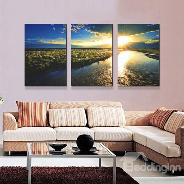 Picturesque Lake In Flittering Sun 3-panel Canvas Wall Art Prints