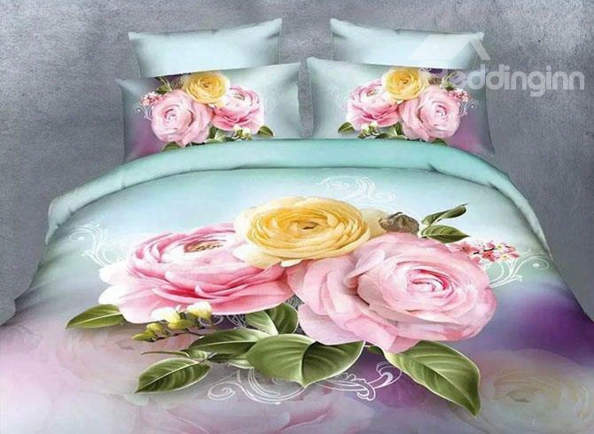 Pink And Yellow Flowers Print Polyester 4-piece Duvet Cover Sets