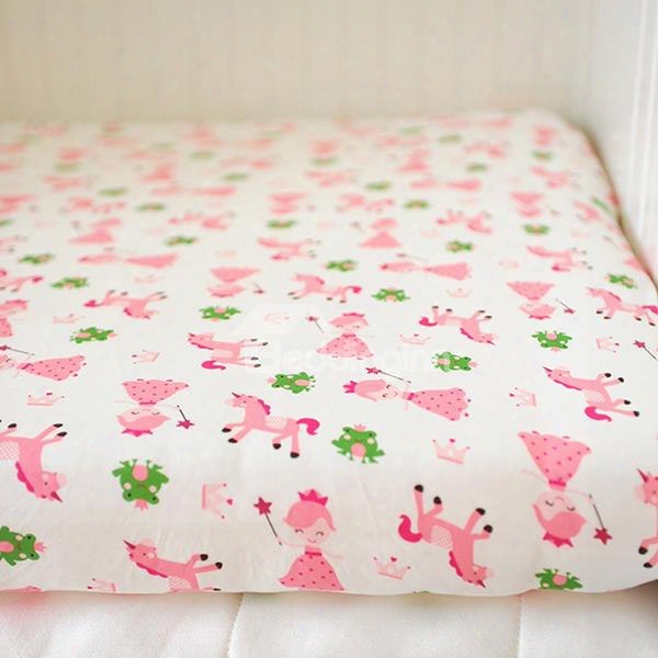Pink Princess And Frog Pattern Baby Crib Fitted Sheet
