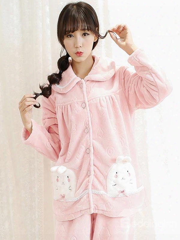 Pretty Lovely Little Rabbit Pink Flannel Pajamas Sets