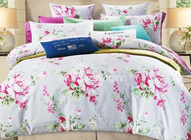 Pretty Pink Peonies Print Cotton 4-piece Bedding Sets/duvet Cover