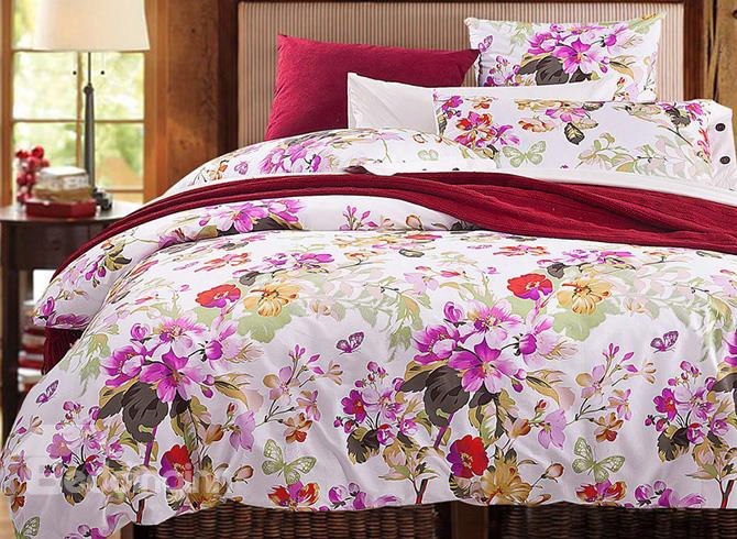 Pretty Rosy Flowers And Butterflies Print 4-piece Cotton Bedding Sets/duvet Cover