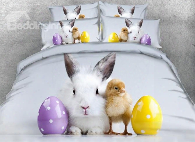 Rabbit And Chick Digital Printing Gray 5-piece Comforter Sets