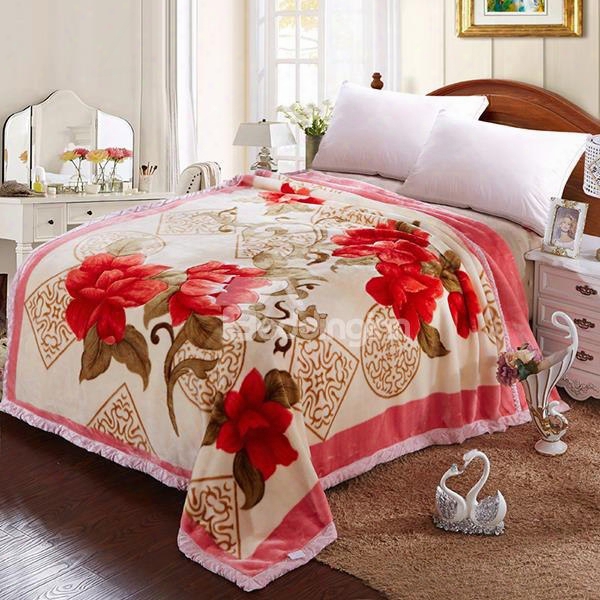 Red Flowers Print Thick  Comfy Raschel Blanket