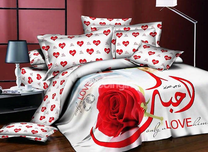 Red Rose Polyester 4-piece Duvet Cover Sets For Lovers