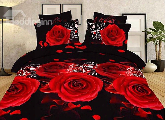 Red Roses And Petals Printing Polyester 4-piece Duvet Cover Sets