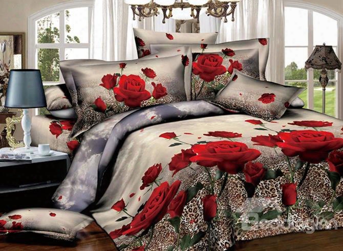 Red Roses With Leoparrd Background Print 2-piece Pillow Cases
