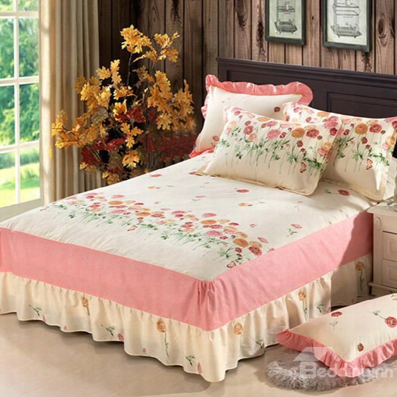 Refreshing Little Flowers Design Beige Bed Skirt With 2-piece Pillow Cases