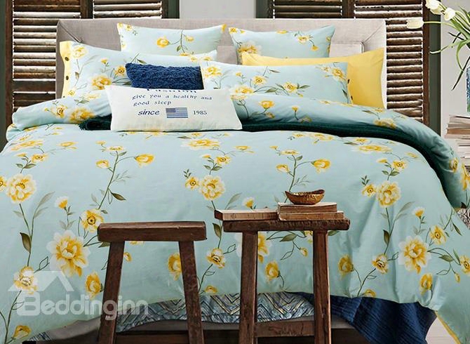 Refreshing Pastoral Yellow Flowers Print Cotton 4-piece Duvet Cover Sets