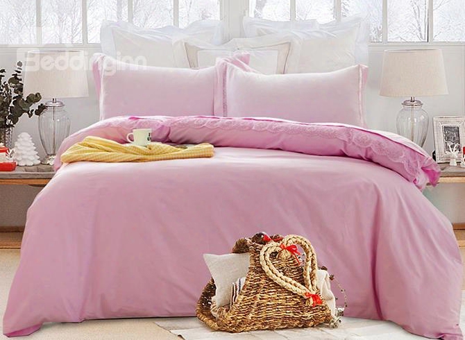 Soft Cozy Pink Cotton 4-piece Duvet Cover Sets With Beautiful Lace Trim