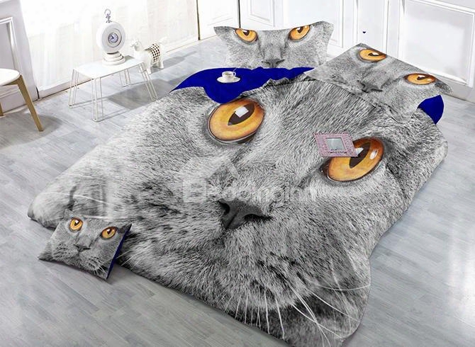 Spunky Gray Cat Print Satin Drill 4-piece Cotton Duvet Cover Sets