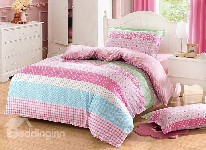 Stripes And Flowers Pattern Purified Cotton Casual Style 3-piece Pink Kids Duvet Covers/bedding Sets