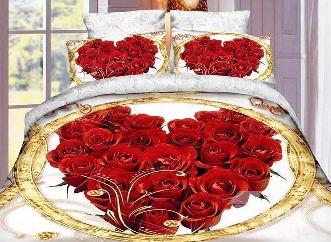 Sweet Red Roses Print Wedding 4-piece Polyester Duvet Cover Sets