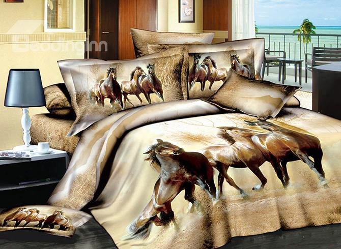 Three Running Horses Print Brown 4-piece Cotton Duvet Cover Sets