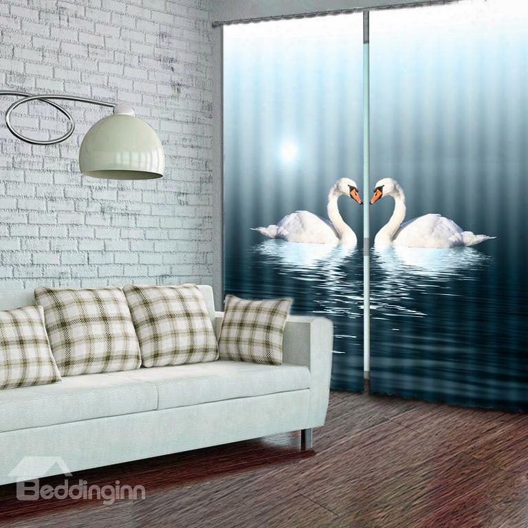 Two White Swans Swimming In The River 2 Pieces Decorative And Shading 3d Curtain