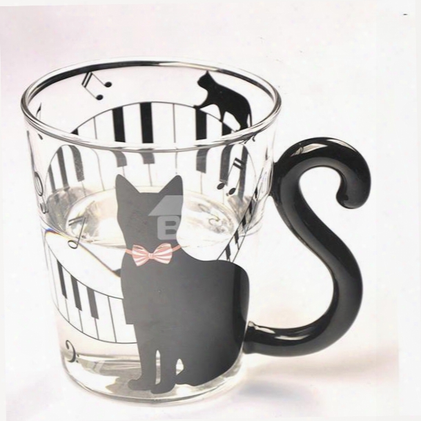 Unique Creative 3d Black Cat And Piano Keys Glass Cup