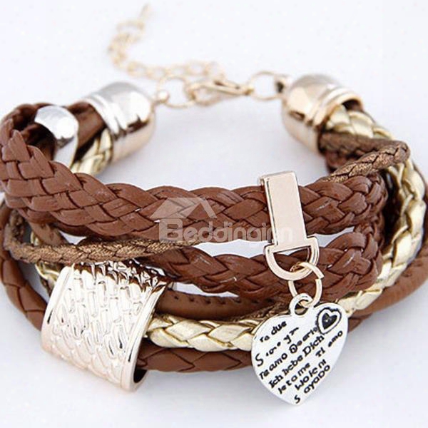 Women's Hand-made Knitting Leather Heart Shape Pendant Bracelet