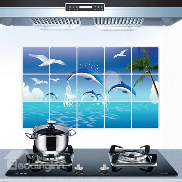 Wonderful Dolphins Rise Above Sea Water Kitchen Hearth Removable Wall Sticjer