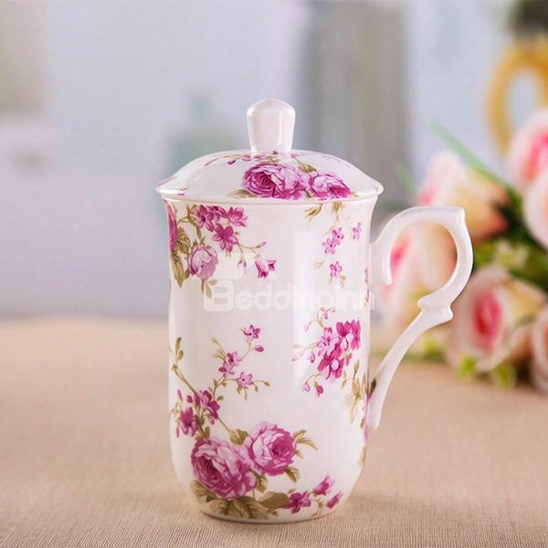 Wonderful Flowers Pattern Ceramic Coffee Mug With Lid