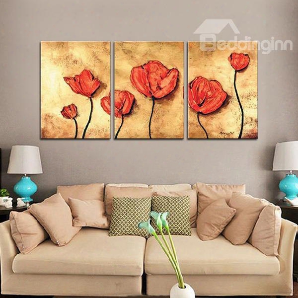 Wonderful Oil Painting Red Flowers 3-panel Framed Wall Prints