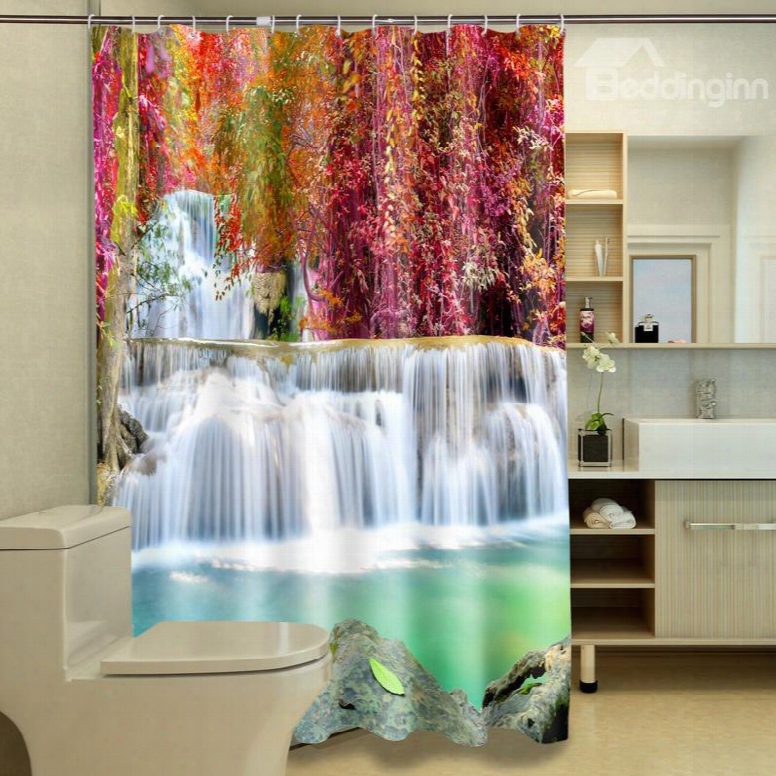 Wonderful Red Autumnal Leaves And Waterfall 3d Shower Curtain