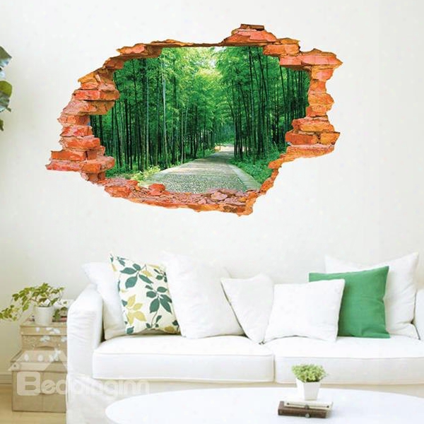 Wonderful Wall Hole View Green Forest Lane Removable 3d Wall Stickers