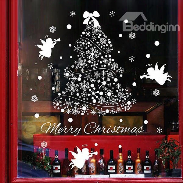 Wonderful Window Glass Decoration Christmas Tree And Angels Removable Wall Sticker