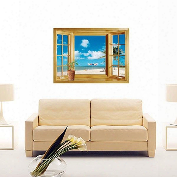 Wonderful Window View Beach And Blue Sky Removable 3d Wall Sticker