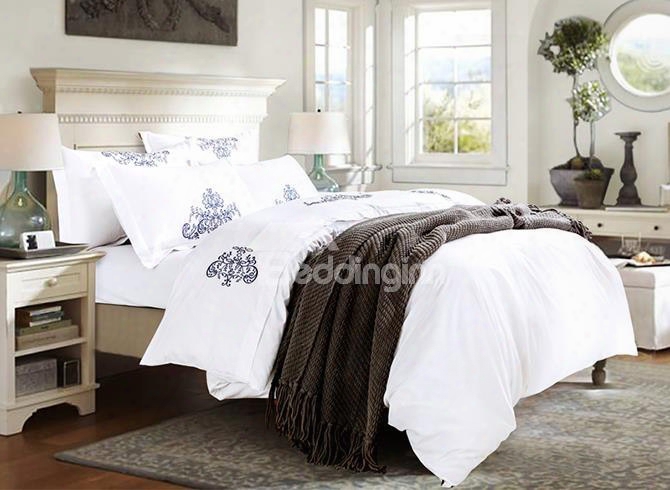 100% Cotton Fancy Embroidery White 4-piece Duvet Cover Sets