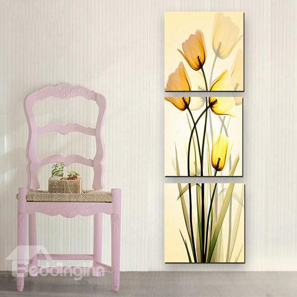 16␔16in␔3 Panels Yellow Tulips Hanging Canvas Waterproof And Eco-friendly Framed Prints