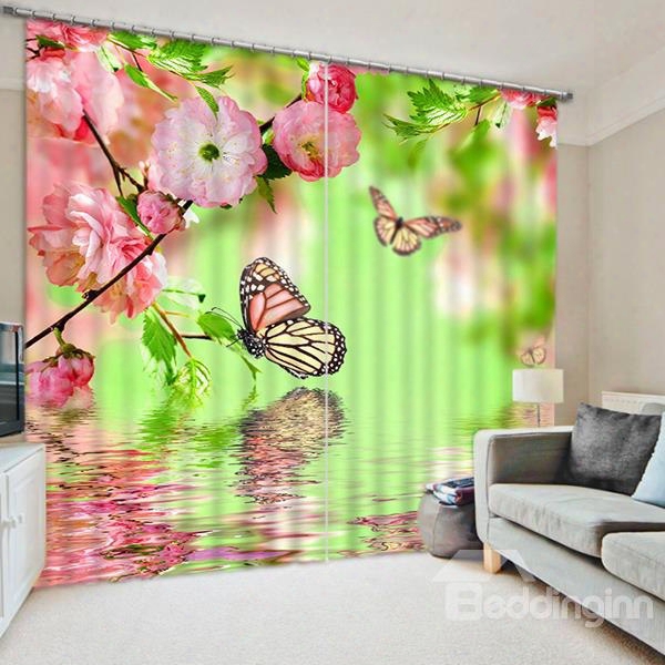 3d Beautiful Butterflies And Pink Peach Flowers On The Water Printed Blackout Curtain