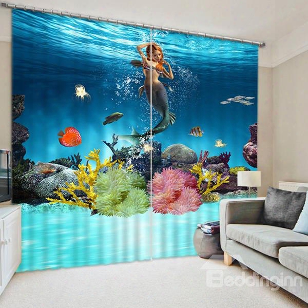3d Beautiful Mermaid And Corals Swimming Printed 2 Panels Custom Decoration Curtain