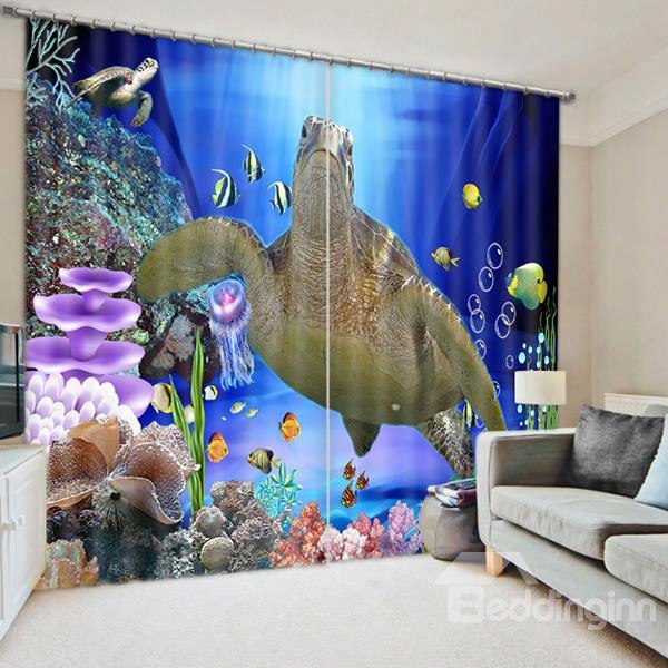 3d Big Sea Turtle And Corals Printed Sea World Scenery 2 Panels Cutom Curtain