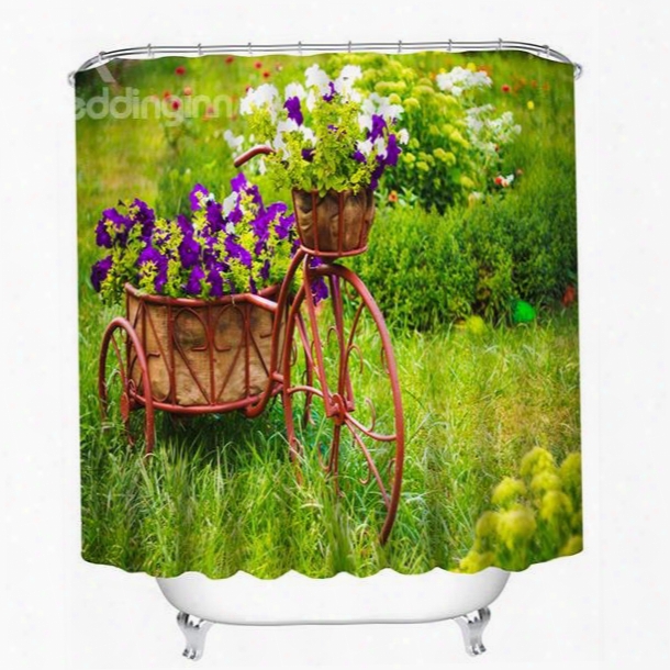 3d Bike With Purple Flowers Printed Polyester Green Shower Curtain