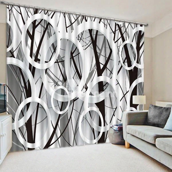 3d Black And White Circles Printed Modern Style 2 Panels Custom Curtain For Living Room