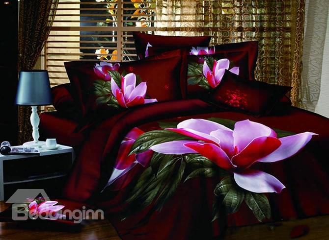 3d Blooming Magnolia Printed Cotton 4-piece Burgundy Beddin Gsets/duvet Cover