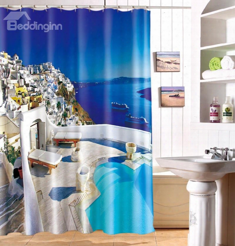 3d Coastal City Printed Blue Polyester Shower Curtain
